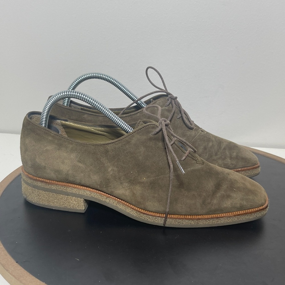 Yves Saint Laurent Oxford Women 7 Suede Lace Up Olive Green Low Heel Shoes